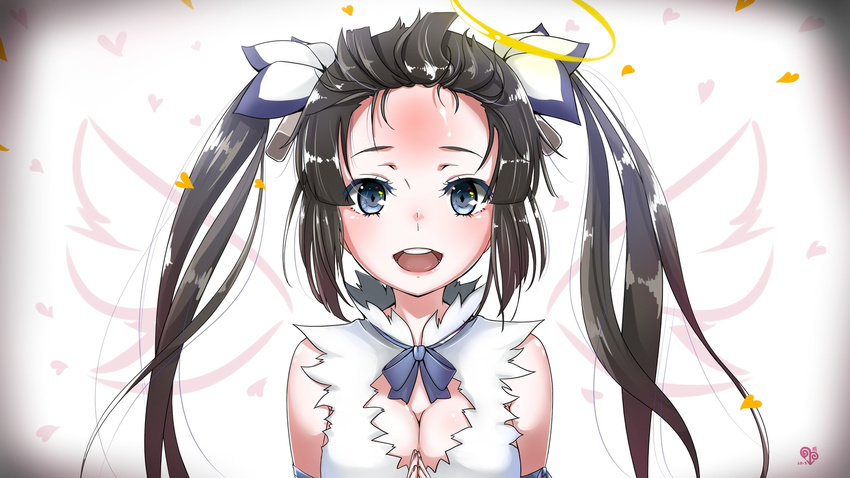 1girl black_hair blue_eyes breasts cleavage dungeon_ni_deai_wo_motomeru_no_wa_machigatteiru_darou_ka female hestia_(danmachi) long_hair shanshan twintails