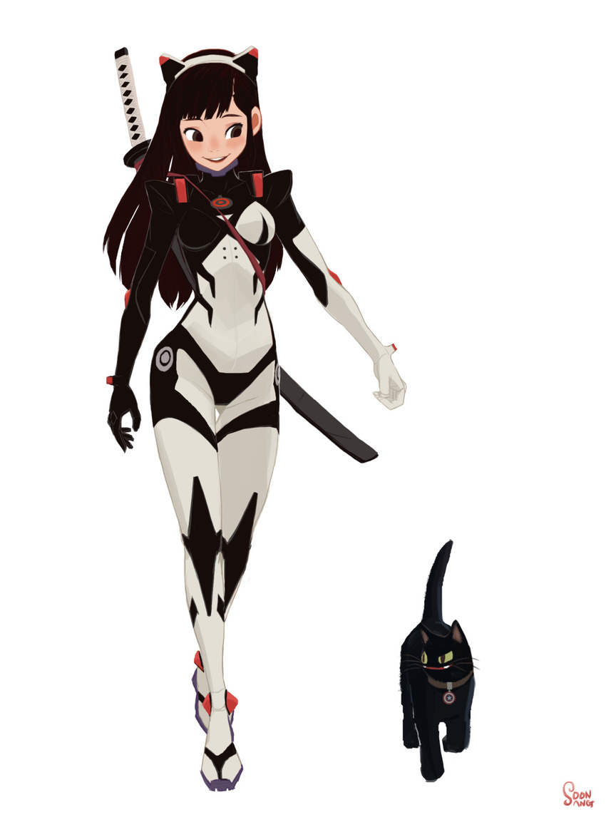 :d bodysuit cat fake_animal_ears hong_soonsang katana nero noah_project_ark_citizen sakuya simple_background sword white_background