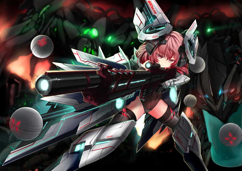 absurdres aiming_at_viewer armor_girls black_legwear blurry blush boots depth_of_field explosion finger_on_trigger fire gloves glowing gun hair_between_eyes headgear highres holding holding_gun holding_weapon legs_apart leila_pegas leotard looking_at_viewer mecha mecha_musume red_eyes red_hair solo sphere standing thighhighs weapon zheyi_parker