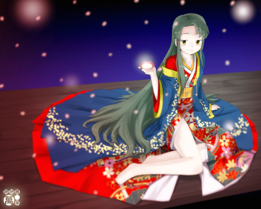 alcohol barefoot blurry cup green_hair haori japanese_clothes kimono long_hair long_sleeves nagian petals sakazuki sake sitting solo suzumiya_haruhi_no_yuuutsu tsuruya very_long_hair wallpaper yokozuwari