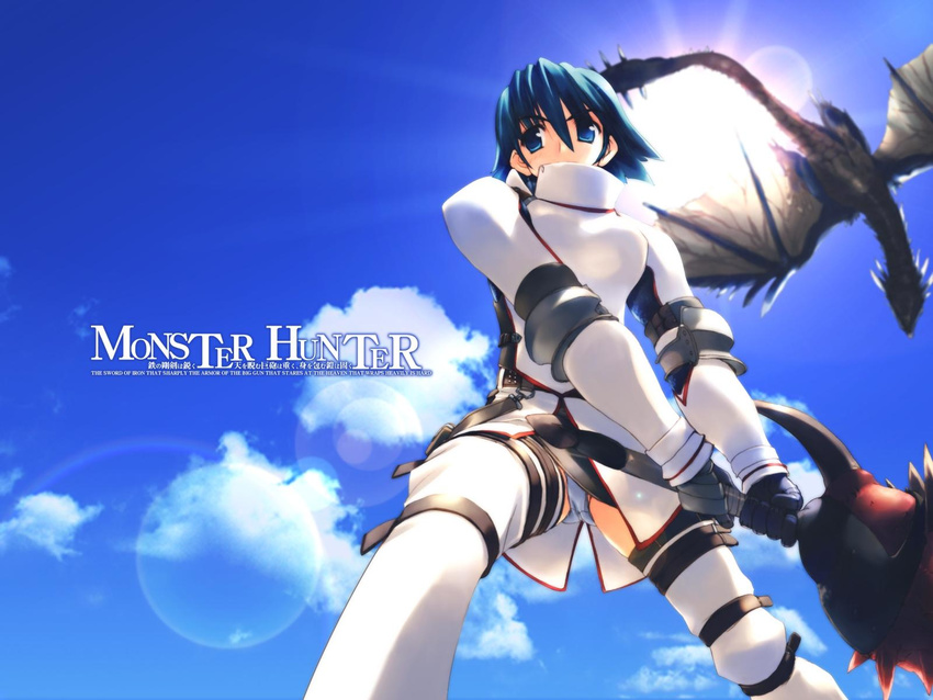 amazuyu_tatsuki armor bangs belt blue_eyes blue_hair blue_panties cloud day dragon fantasy fighting_stance flying from_below gloves hammer highres huge_weapon khezu_(armor) lens_flare monster_hunter outdoors panties pantyshot pantyshot_(standing) rathalos short_hair sky solo spikes spread_legs standing strap sun thigh_strap thighhighs thighs underwear upskirt wallpaper weapon white_legwear