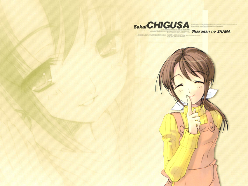 apron brown_hair closed_eyes finger_to_mouth index_finger_raised itou_noiji long_sleeves sakai_chigusa shakugan_no_shana simple_background smile solo striped sweater upper_body vertical_stripes wallpaper yellow_background