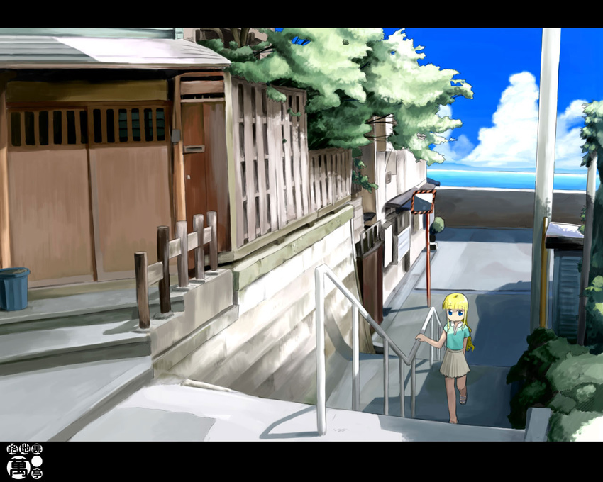 beige_skirt blonde_hair blue_eyes blue_shirt day door fence horizon long_hair mirror nagian ocean original outdoors plant pole railing running shirt short_sleeves solo stairs town tree wallpaper water wood