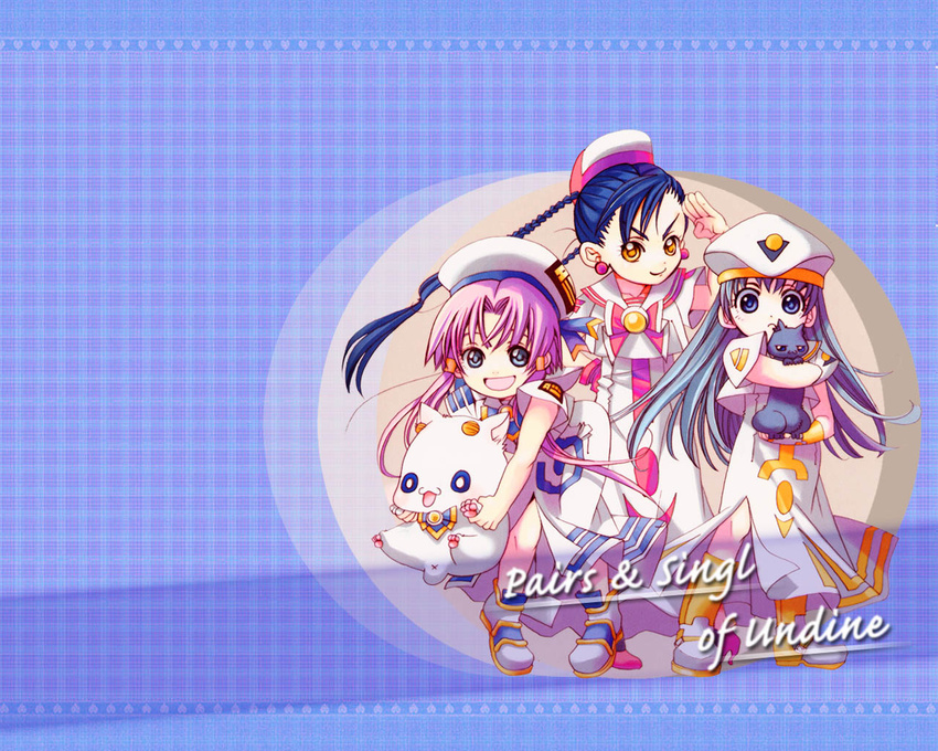 aika_granzchesta alice_carroll amano_kozue aria aria_pokoteng black_cat blue_eyes blue_hair braid brown_eyes carrying cat chibi grey_hair hat hime_granzchesta long_hair mizunashi_akari multiple_girls pink_hair salute short_hair smile standing twin_braids uniform wallpaper