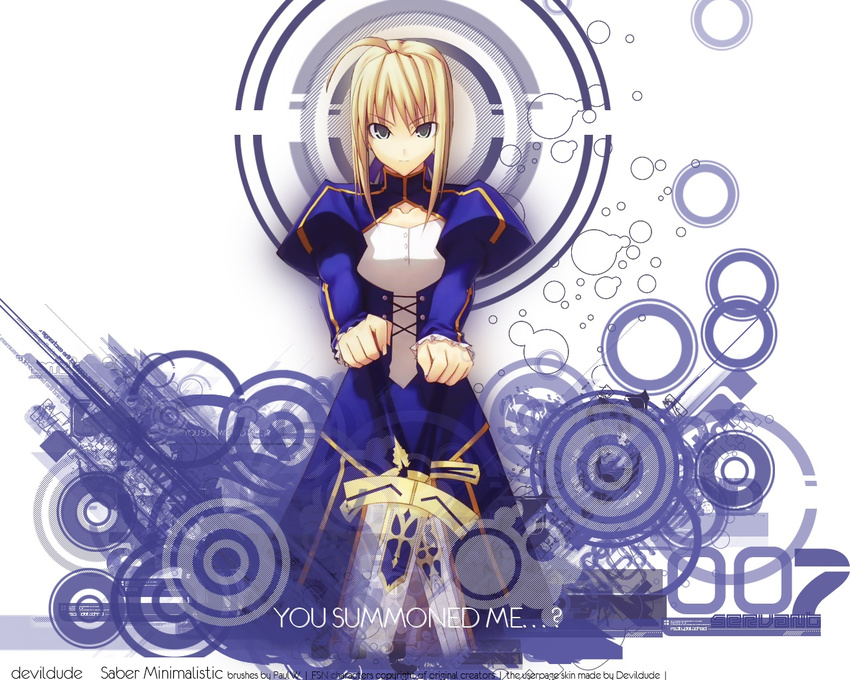 ahoge artoria_pendragon_(all) blonde_hair caliburn dress excalibur fate/stay_night fate_(series) green_eyes long_sleeves puffy_sleeves saber shingo_(missing_link) solo sword wallpaper weapon