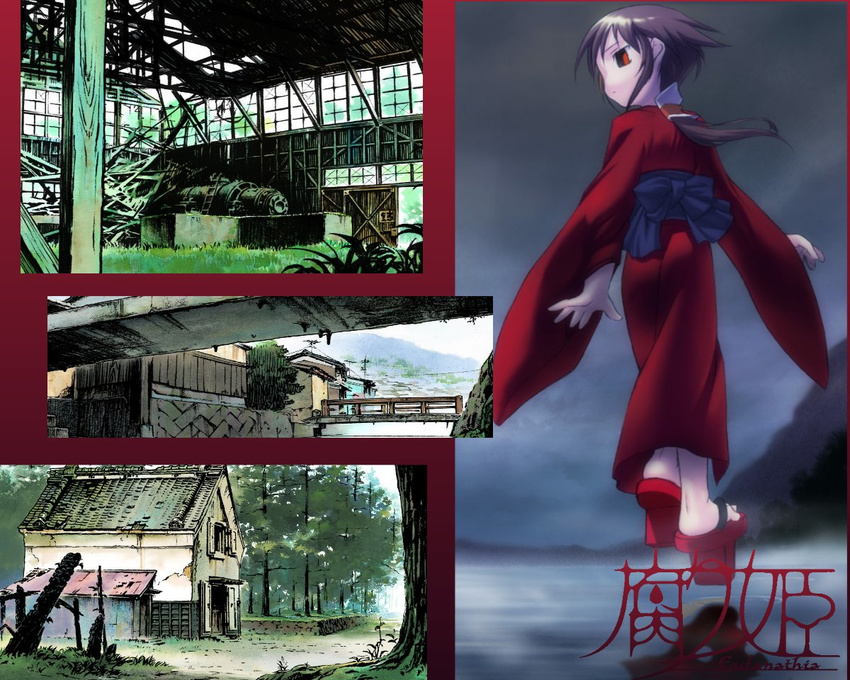 artist_request brown_hair building floating forest geta house japanese_clothes kimono kurame kusari_hime:_euthanasia long_sleeves looking_back nature ponytail slit_pupils solo staring tengu-geta wallpaper