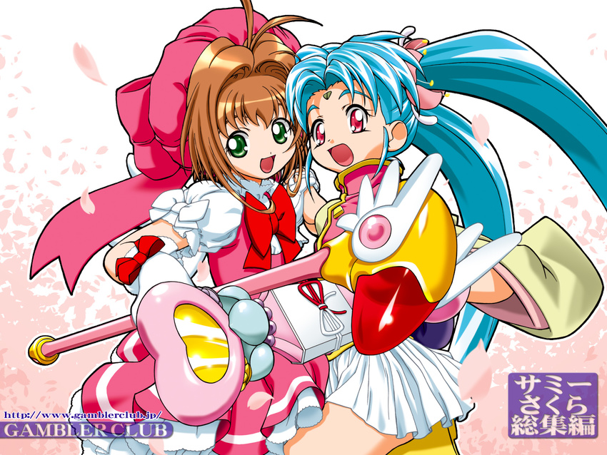 antenna_hair blue_hair brown_hair cardcaptor_sakura crossover fuuin_no_tsue gambler_club green_eyes hat highres kawai_sasami kinomoto_sakura magical_girl mahou_shoujo_pretty_sammy masaki_sasami_jurai multiple_girls pink_eyes pink_hat twintails wallpaper