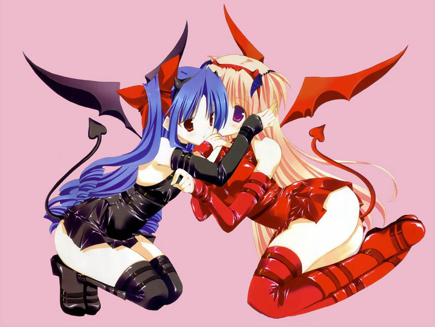 artist_request blue_hair boots elbow_gloves gloves goshuushou-sama_ninomiya-kun houjou_reika multiple_girls pink_hair red_eyes tail thigh_boots thighhighs tsukimura_mayu wings