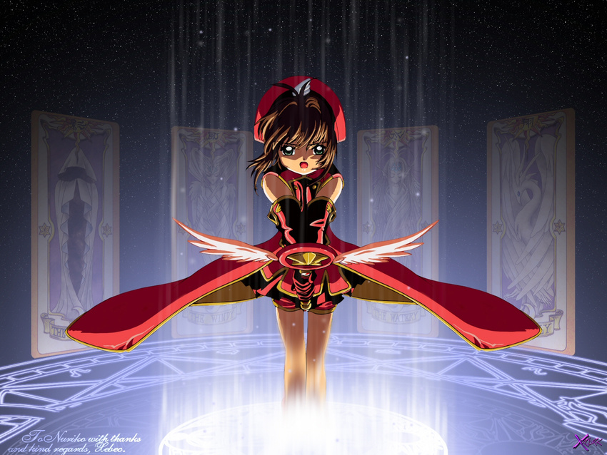 artist_request brown_hair cape cardcaptor_sakura clow_card fly_(clow_card) gloves green_eyes hat highres hoshi_no_tsue kinomoto_sakura magic_circle magical_girl red_gloves red_hat shadow_(clow_card) short_hair solo wallpaper wand watery_(clow_card) windy_(clow_card) wings