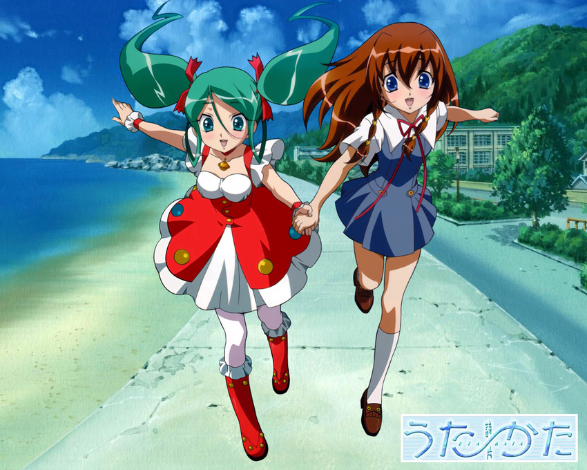 beach bell bell_collar blue_eyes blush brown_hair collar day dress gotou_keiji green_eyes green_hair kuroki_manatsu long_hair multiple_girls outdoors pantyhose ribbon skirt smile tachibana_ichika twintails utakata wallpaper white_legwear