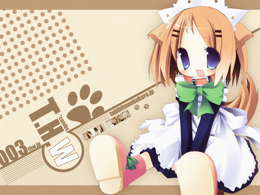 :d animal_ears apron bangs between_legs blue_dress blue_eyes blush boots bow bowtie character_request collar copyright_request dog_collar dog_ears dog_girl dog_tail dress eyebrows_visible_through_hair green_neckwear hair_ornament hairclip hand_between_legs happy highres large_bow leash long_sleeves maid maid_headdress nagomi_tozakura open_mouth orange_hair parted_bangs pink_footwear raised_eyebrows short_hair sitting smile solo tail v_arms wallpaper watermark web_address white_apron white_bow