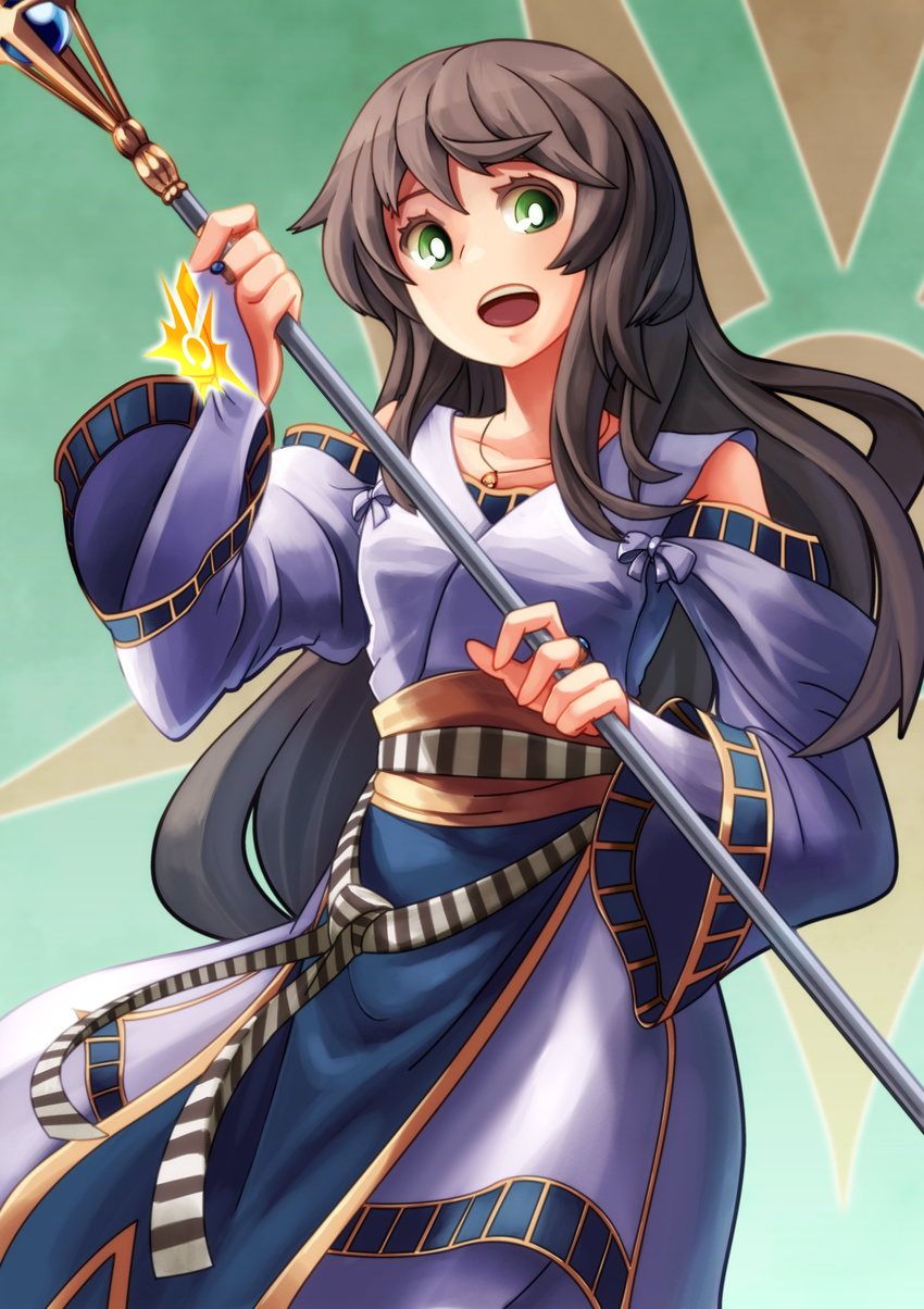 black_hair delta_monster detached_sleeves dress gensou_suikoden gensou_suikoden_ii green_eyes highres jewelry long_dress long_hair necklace open_mouth solo staff viki_(suikoden)