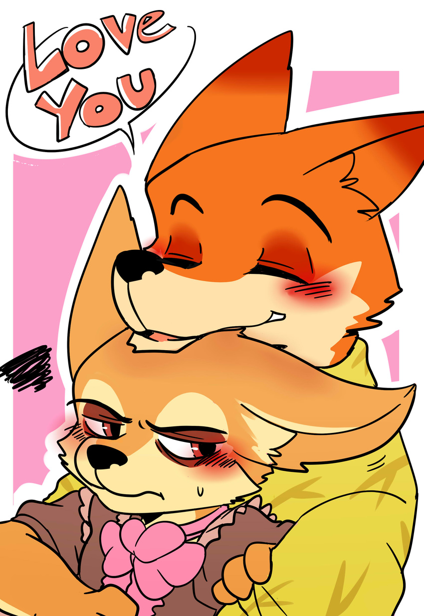 2016 abstract_background absurd_res anthro blush border brown_eyes canine clothing cuddling dialogue disney duo english_text eyes_closed fennec finnick fox frown hi_res inner_ear_fluff larger_male looking_back male male/male mammal nick_wilde saku1saya simple_background size_difference smaller_male smile speech_bubble sweat sweatdrop text zootopia