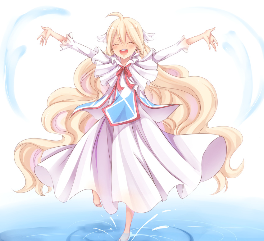 absurdres barefoot blonde_hair chage_00 closed_eyes dress fairy_tail hair_ornament happy highres long_hair mavis_vermilion open_mouth smile solo wading water white_dress