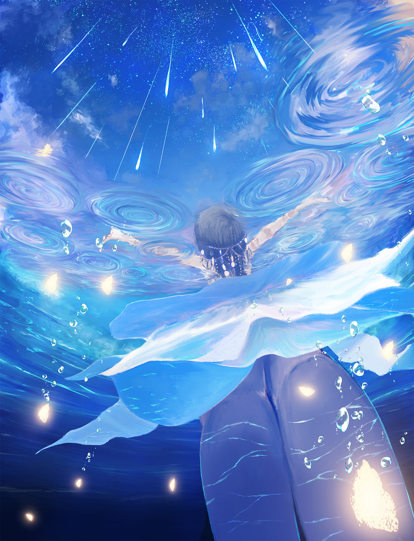 arms_up black_hair black_legwear blue bubble cloud commentary dress facing_away from_behind from_below headdress highres kneepits long_hair meteor meteor_shower night night_sky original outstretched_arms pantyhose partially_submerged popopo_(popopo5656) ripples scenery sequins shooting_star sky solo star_(sky) starry_sky underwater upskirt water wet wet_clothes white_dress