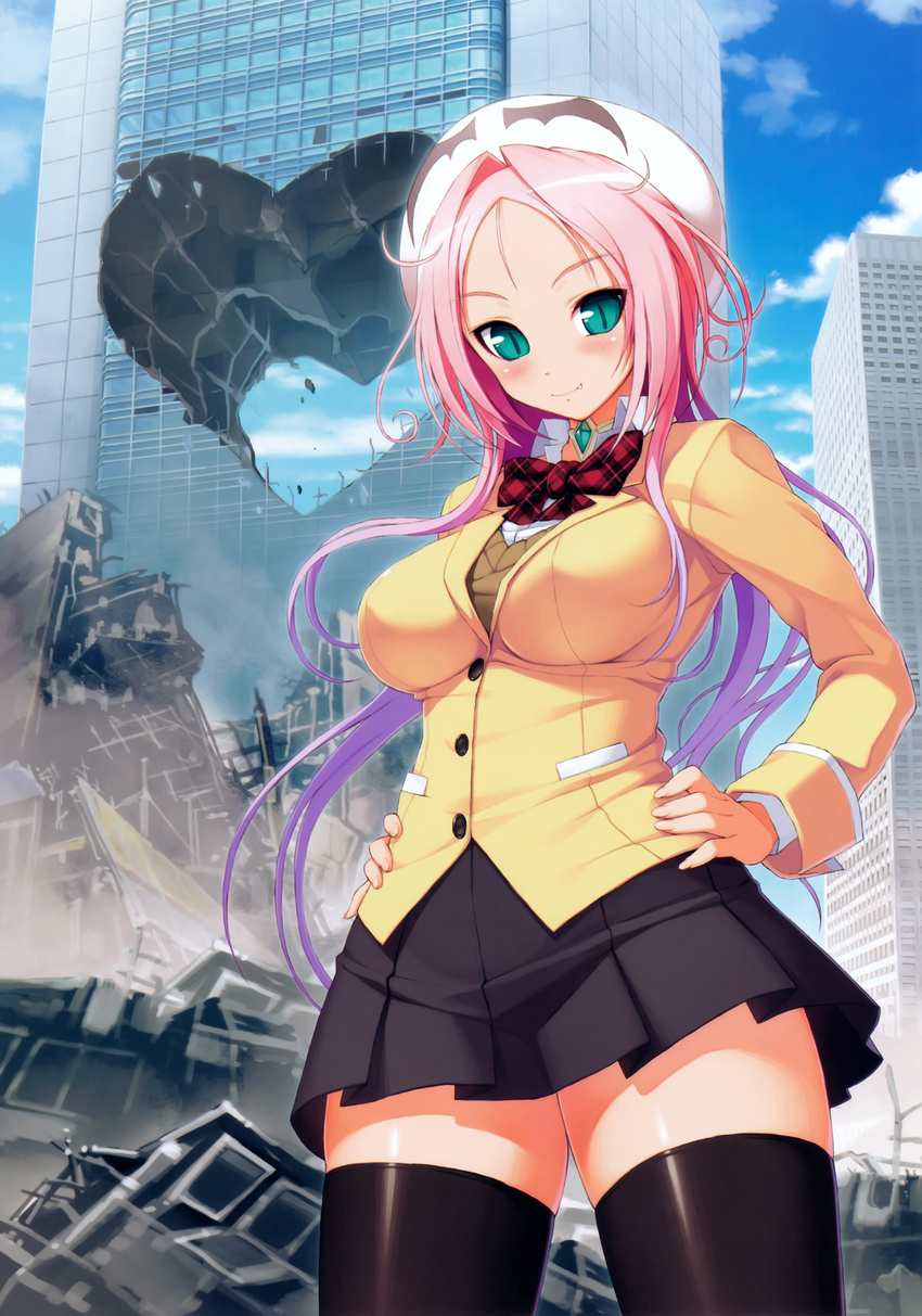 absurdres aqua_eyes black_legwear blazer blush breasts building debris destruction dra+koi fang hands_on_hips hat heart heroine_(dra+koi) highres jacket large_breasts long_hair looking_at_viewer pink_hair school_uniform skirt slit_pupils smile solo thighhighs tsuji_santa