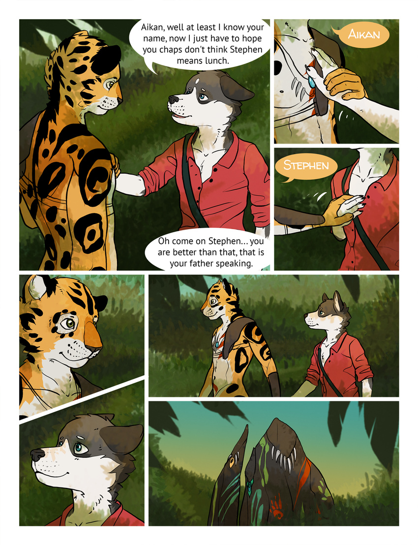 2016 anthro black_fur blue_eyes canine clothed clothing comic dialogue dog duo edesk english_text feline fur green_eyes hand_holding hand_on_chest husky jaguar jungle male mammal mostly_nude multicolored_fur rock sisco_(artist) smile spots text tribal two_tone_fur walking white_fur yellow_fur