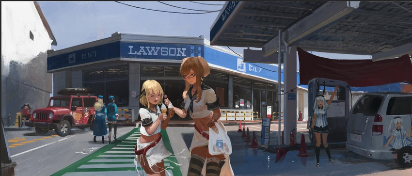 atago_(kantai_collection) blonde_hair brown_hair convenience_store day enterprise_(pacific) food gas_station hornet_(pacific) ice_cream ice_cream_cone itasha jeanex jeep_wrangler kantai_collection kashima_(kantai_collection) lawson multiple_girls original pacific ryuujou_(kantai_collection) shop smile source_request takao_(kantai_collection)