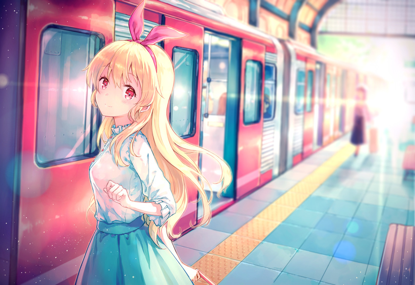 aikatsu! aikatsu!_(series) bangs bench blonde_hair blue_skirt blurry blush buttons closed_mouth depth_of_field eyebrows eyebrows_visible_through_hair frills ground_vehicle hairband hiten_(hitenkei) holding hoshimiya_ichigo lens_flare long_hair looking_at_viewer multiple_girls park_bench red_eyes shirt skirt sleeves_past_elbows smile solo_focus station suitcase tactile_paving tile_floor tiles train train_station walking white_shirt