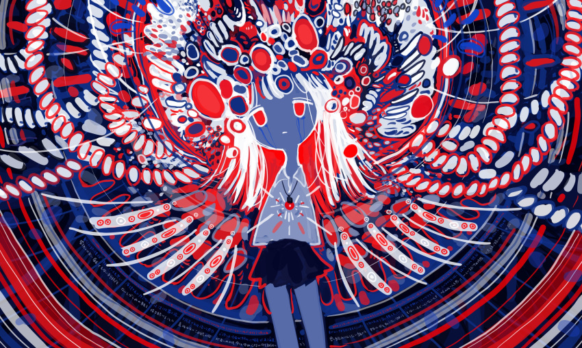 1girl abstract absurdres bangs black_skirt collared_shirt colorful cowboy_shot glowing half-closed_eyes highres jewelry long_hair necklace no_nose original red_eyes red_hair shirt sizucomaru skirt solo tears white_hair white_shirt