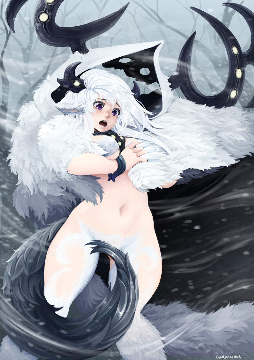 animal_ears artist_name barbariank bare_tree blizzard breasts cape convenient_censoring d: fur highres horns medium_breasts monster_girl monster_girl_encyclopedia naked_cape navel nude open_mouth purple_eyes revision sharp_teeth signature snow solo surprised tail tail_censor teeth tree wendigo_(monster_girl_encyclopedia) white_hair wind