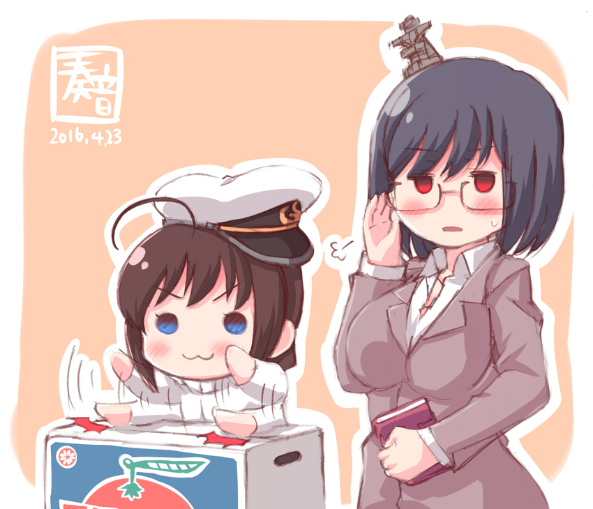 :3 adjusting_eyewear admiral_(kantai_collection) admiral_(kantai_collection)_(cosplay) ahoge alternate_costume bespectacled black_hair blue_eyes blush book box breasts brown_hair cardboard_box commentary_request cosplay dated formal glasses hair_ornament hat headgear highres holding holding_book jitome kanon_(kurogane_knights) kantai_collection large_breasts long_sleeves military military_uniform motion_lines multiple_girls objection open_mouth peaked_cap red_eyes shigure_(kantai_collection) short_hair smile suit uniform v-shaped_eyebrows yamashiro_(kantai_collection) younger