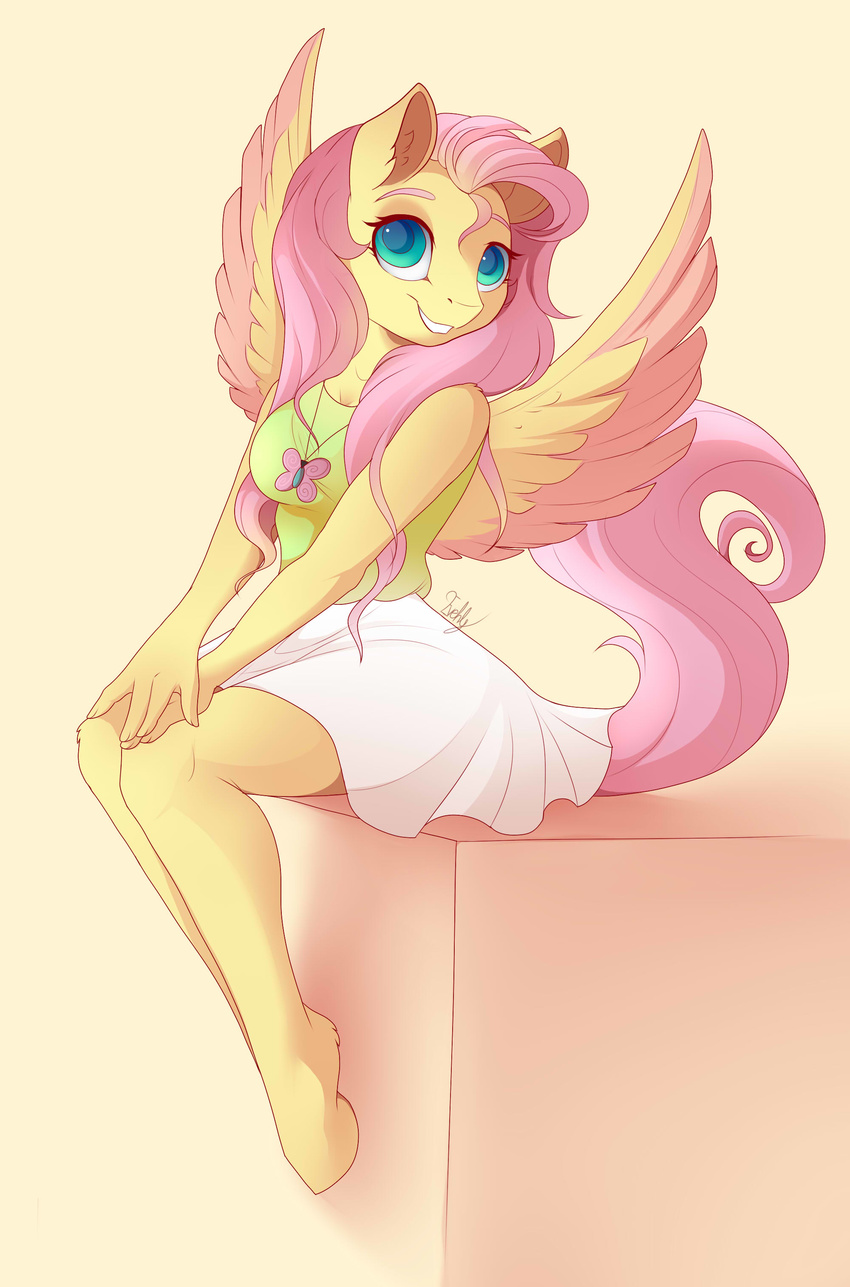 2016 absurd_res anthro anthrofied clothed clothing equine evehly feathered_wings feathers female fluttershy_(mlp) friendship_is_magic fur hair hi_res long_hair mammal my_little_pony pegasus pink_hair simple_background sitting solo teal_eyes wings yellow_fur
