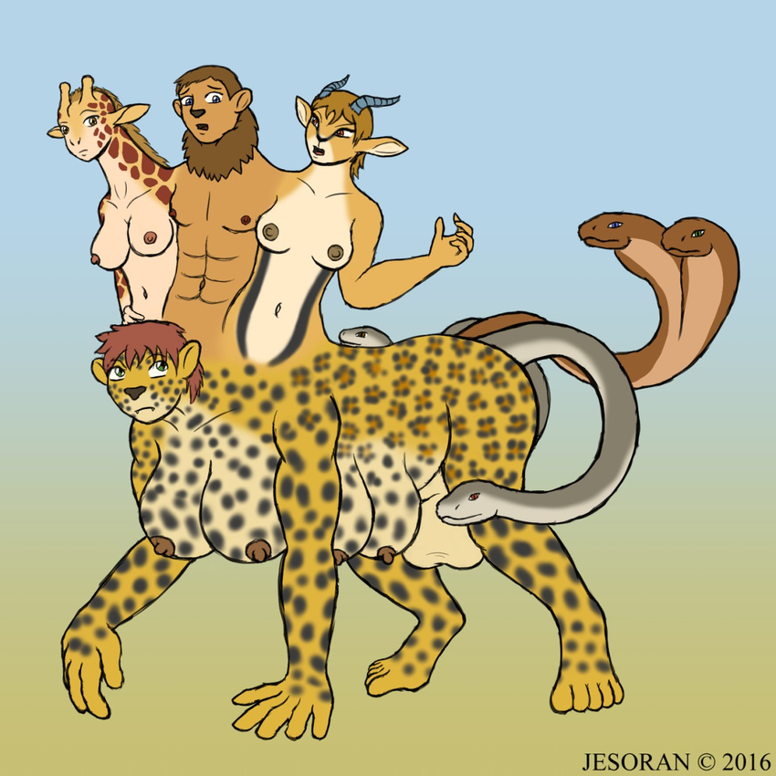 antelope balls black_mamba breasts chimera cobra conjoined dickgirl feline female gazelle giraffe hybrid intersex jesoran leopard lion male mammal merging multi_breast multi_tail multi_taur reptile scalie snake snake_tail tailhead taur