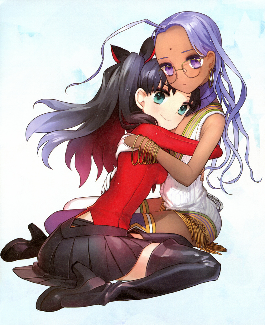 absurdres black_footwear black_hair black_legwear boots bracelet dark_skin earrings facial_mark fate/extra fate/extra_ccc fate_(series) forehead_mark glasses gloves high_heel_boots high_heels highres hug jewelry long_hair multiple_girls mutual_hug official_art purple_eyes purple_hair rani_viii smile thigh_boots thighhighs toosaka_rin wada_aruko white_gloves