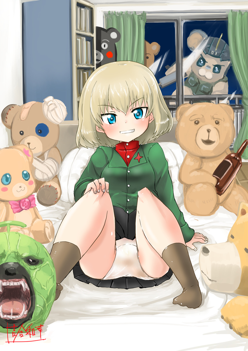 absurdres alcohol annotated arm_support artist_name bangs bear bed bedroom beer black_legwear black_skirt blonde_hair blue_eyes boko_(girls_und_panzer) bonta-kun bottle commentary_request full_metal_panic! gag_manga_biyori girls_und_panzer green_jacket grin hand_on_own_knee highres indoors jacket katyusha kisa_kazuyuki kumai_natsu kumakichi_(character) kumamiko kumamon long_sleeves looking_at_viewer mahou_girls_precure! melon_kuma miniskirt mofurun_(mahou_girls_precure!) no_shoes panties pantyshot pillow pleated_skirt pravda_school_uniform precure red_shirt school_uniform shirt short_hair signature sitting skirt smile socks stuffed_animal stuffed_toy ted_(movie) ted_(ted) teddy_bear turtleneck underwear upskirt white_panties window