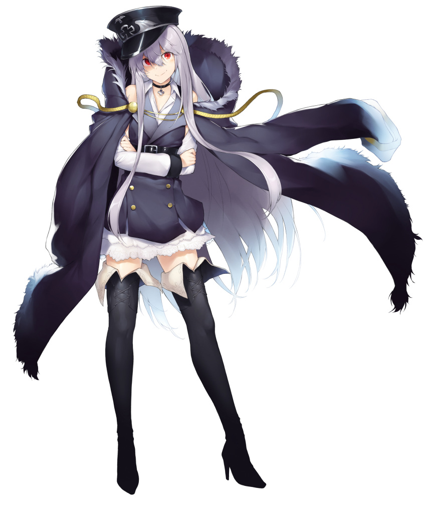 1girl absurdres bangs bare_shoulders belt belt_buckle black_choker black_coat black_footwear black_hat blush boots buckle choker closed_mouth coat commentary_request contrapposto cross_choker crossed_arms dabuki detached_sleeves full_body fur-trimmed_coat fur_trim girls_frontline hat head_tilt high_heel_boots high_heels highres iron_cross jacket_on_shoulders kar98k_(girls_frontline) long_hair long_sleeves looking_at_viewer peaked_cap red_eyes simple_background skirt smile solo standing thigh_boots thighhighs very_long_hair white_background white_skirt zettai_ryouiki