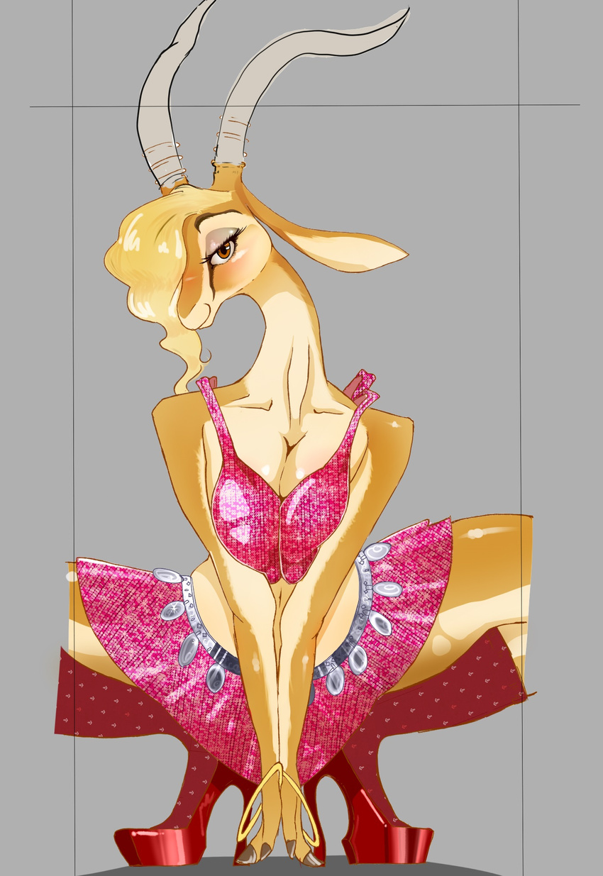 antelope anthro antlers blonde_hair bracelet breasts brown_eyes cleavage clothed clothing disney eyelashes female gazelle gazelle_(zootopia) hair high_heels hisashi414 horn jewelry mammal midriff smile solo zootopia