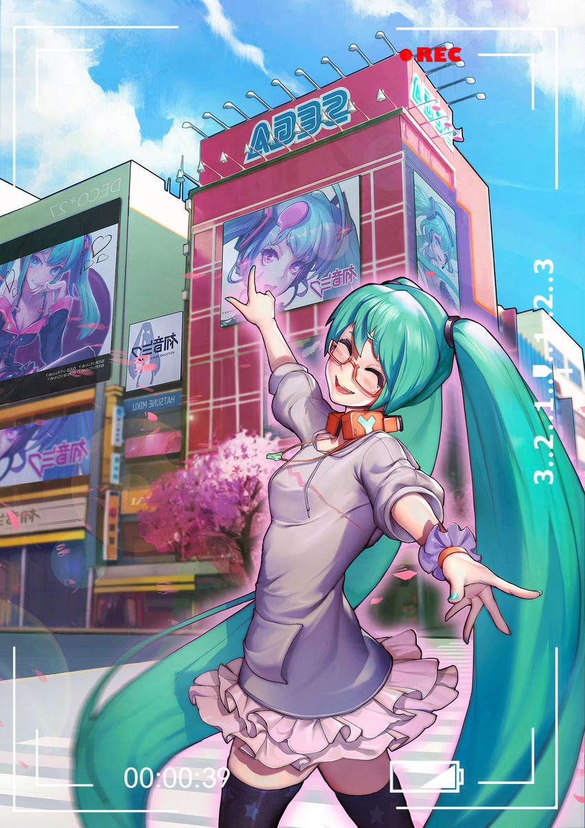 39 absurdres aqua_hair bespectacled building closed_eyes cloud day glasses hatsune_miku headphones headphones_around_neck highres jewelry long_hair nail_polish necklace oop open_mouth osanpo_style_(module) outstretched_arms recording sega skirt sky solo spread_arms spring_onion thighhighs twintails very_long_hair viewfinder vocaloid walking