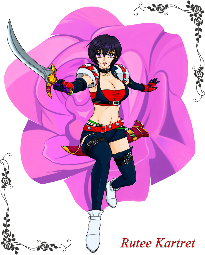 1girl belt black_hair breasts character_name choker cleavage elbow_gloves flower gloves midriff navel open_mouth purple_eyes rose rutee_katrea shoes short_hair short_shorts shorts sword tales_of_(series) tales_of_destiny thighhighs weapon