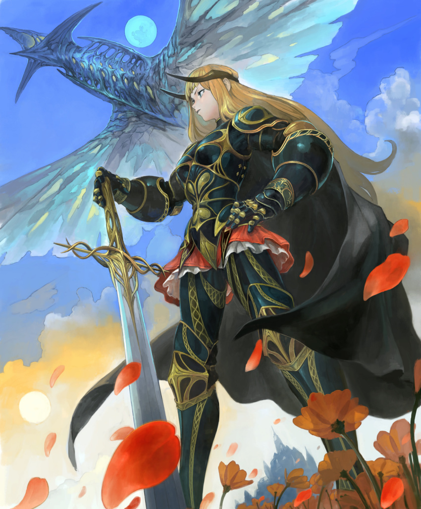 1girl armor blonde_hair blue_eyes breastplate castle circlet cloud cloudy_sky creature douzen flower flying gauntlets greaves hand_on_hip headgear highres holding holding_sword holding_weapon knight long_hair monster moon onna_kishi_(maoyuu) orange_flower original parted_lips pauldrons petals silhouette skirt sky standing sun sword vambraces weapon wings