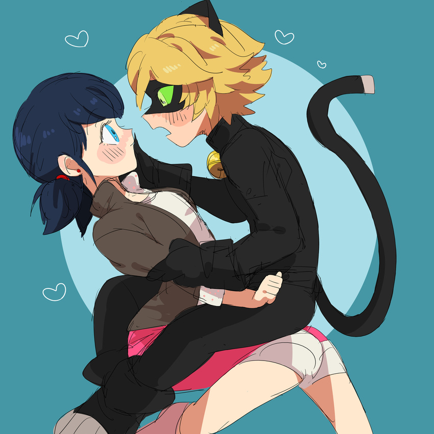 1girl adrien_agreste aoi_(ao1yui) arm_grab bell blonde_hair blue_background blue_eyes blue_hair blush bodysuit cat_ears chat_noir fake_animal_ears finger_to_mouth from_side green_eyes green_sclera hand_on_another's_face hand_on_another's_face heart marinette_dupain-cheng miraculous_ladybug open_mouth short_twintails simple_background sitting_on_lap sitting_on_person twintails