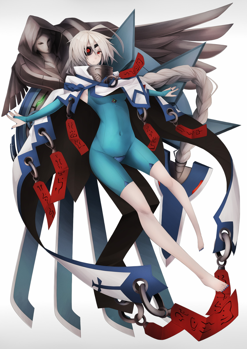 ahoge bad_id bad_pixiv_id barefoot blazblue blue_nails bodysuit braid breasts bridal_gauntlets cape covered_navel crotch_plate eyepatch hair_weapon highres inaba_sunimi long_hair looking_at_viewer medium_breasts nail_polish nu-13 red_eyes silver_hair solo very_long_hair