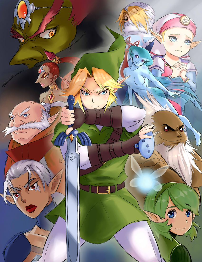 bad_tumblr_id bald bare_shoulders beard blonde_hair blue_eyes breasts brown_dress covered_mouth dark_skin darunia dress facial_hair facial_mark fighting_stance fingerless_gloves fish_girl forehead_jewel frown ganondorf gerudo gloves green_eyes green_hair green_hairband green_skin hairband hat headdress highres impa instrument interlocked_fingers jewelry link lipstick makeup mascara master_sword medium_breasts melisa_amaro monster_girl mustache nabooru navi ocarina pointy_ears ponytail princess_ruto princess_zelda rauru red_eyes red_hair red_lipstick saria sheik silver_hair smile the_legend_of_zelda the_legend_of_zelda:_ocarina_of_time triforce young_zelda