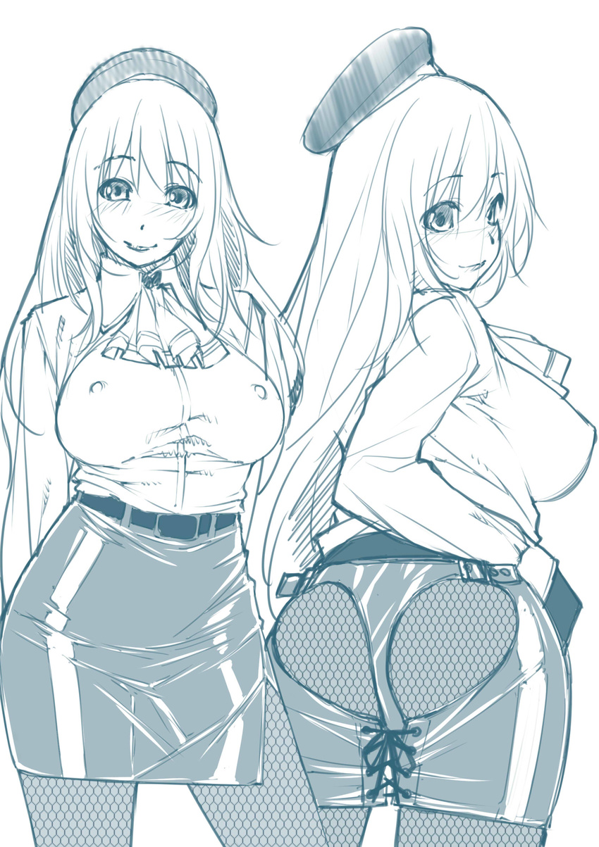 ass_cutout atago_(kantai_collection) belt beret blush breasts covered_nipples fishnets g-string hand_on_hip hat highres kantai_collection kuroishi_ringo large_breasts long_hair looking_back miniskirt monochrome multiple_views panties pantyhose side_slit skirt smile spank_skirt tareme thong underwear