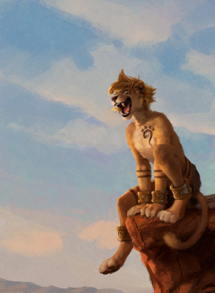 2016 anthro bangle brown_body brown_fur brown_nose brown_stripes claws cliff clothing cover digital_media_(artwork) digital_painting_(artwork) eyes_closed feline franko fur hax_(artist) jewelry kenket lion lofi loincloth male mammal open_mouth outside pawpads paws roaring shaded sitting sky smile solo stripes teeth tongue whiskers white_fur young