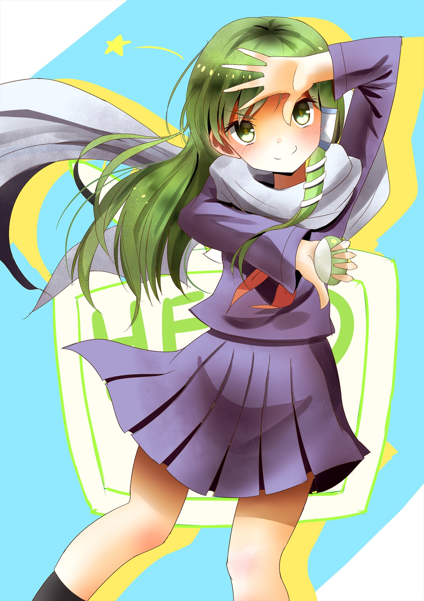 alternate_costume arm_up black_serafuku contemporary cowboy_shot frog_hair_ornament green_eyes green_hair hair_ornament highres indo_(mdtanaka2007) kochiya_sanae long_hair long_sleeves looking_at_viewer neckerchief pleated_skirt pose scarf school_uniform serafuku shirt skirt skirt_set solo star touhou very_long_hair