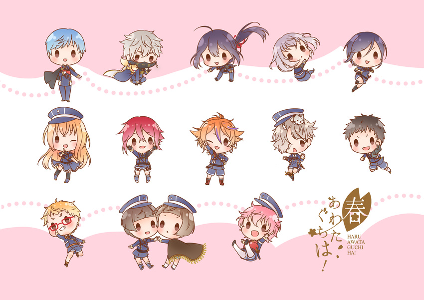 :3 ;d absurdres ahoge akita_toushirou alternate_eye_color animal animal_on_head animal_on_shoulder armor atsushi_toushirou black_gloves black_hair blonde_hair blue_hair brown_eyes brown_hair cape cheek-to-cheek chibi crossdressing dress fox glasses gloves gokotai gokotai's_tigers gotou_toushirou grin hakata_toushirou hat highres hirano_toushirou honebami_toushirou ichigo_hitofuri ichigokono japanese_armor maeda_toushirou male_focus menpoo midare_toushirou military military_uniform multicolored_hair multiple_boys nakigitsune nakigitsune's_fox namazuo_toushirou necktie on_head one_eye_closed open_mouth otoko_no_ko pink_hair ponytail purple_hair red-framed_eyewear red_hair running shinano_toushirou shorts shoulder_armor smile sode streaked_hair tiger touken_ranbu uniform white_gloves white_hair white_tiger yagen_toushirou