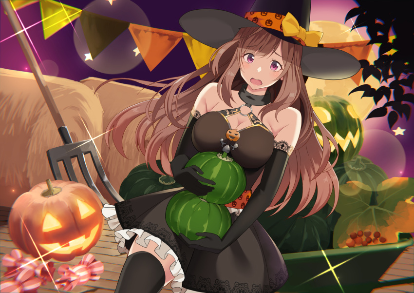 1girl :o armpit_crease bangs bare_shoulders black_gloves black_hat black_legwear black_shirt black_skirt blush bow breasts brown_hair candy_wrapper cleavage commentary_request diffraction_spikes elbow_gloves eyebrows_visible_through_hair frilled_skirt frills full_moon gloves halloween halloween_costume halterneck hat hat_bow hay holding idolmaster idolmaster_shiny_colors jack-o'-lantern jack-o'-lantern_print large_breasts long_hair looking_at_viewer miniskirt moon open_mouth pumpkin purple_eyes rake shirt sidelocks skirt sleeveless sleeveless_shirt solo star tareme thighhighs tomato_(madanai_the_cat) tree_branch tsukioka_kogane witch_hat yellow_bow zettai_ryouiki