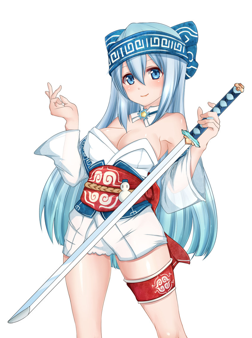 absurdres blue_eyes blue_hair blush breasts cleavage headband highres japanese_clothes katana kimino_yume kimono large_breasts long_hair original simple_background smile solo sword weapon yuki_onna