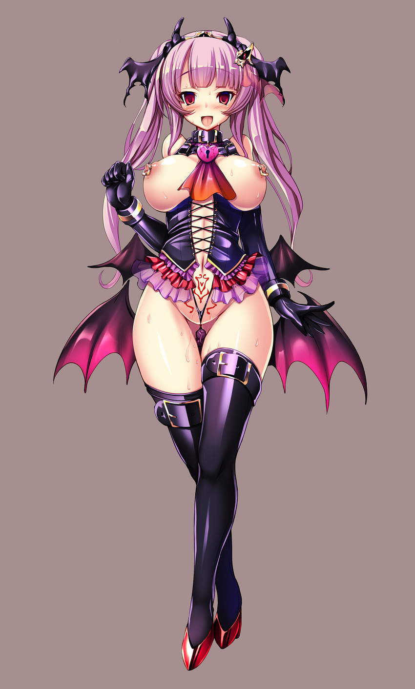 anal anal_beads anal_object_insertion bat_wings blush breasts brown_background collar corruption dark_persona elbow_gloves gloves head_wings highres large_breasts long_hair magical_girl navel nipple_piercing nipple_rings nipples object_insertion original piercing pink_hair pubic_tattoo red_eyes revealing_clothes solo tattoo thighhighs thong torisan twintails wings