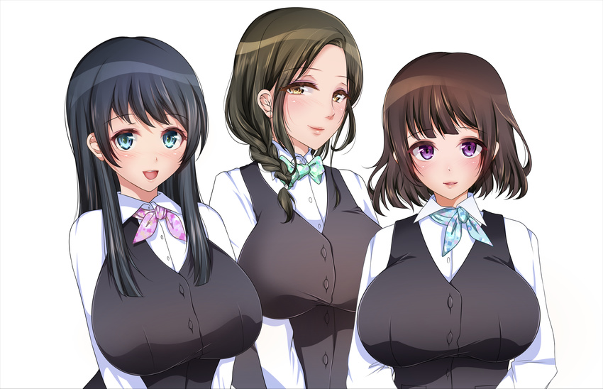 absurdres black_hair blue_eyes blush braid breasts brown_eyes brown_hair highres kimino_yume large_breasts long_hair multiple_girls original parted_lips purple_eyes short_hair simple_background single_braid smile uniform