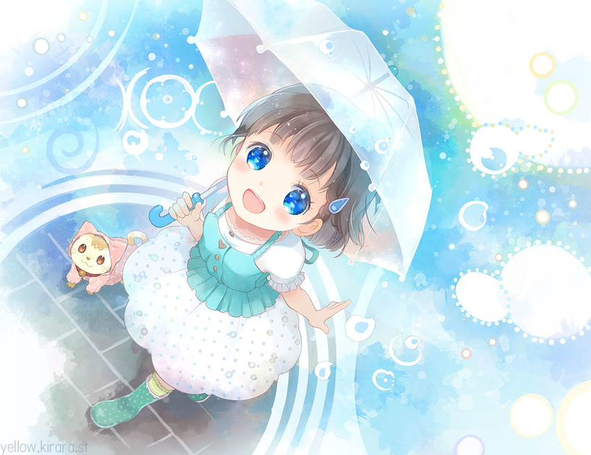 :d animal blue_eyes blush boots brown_hair cat clothed_animal dress hair_ornament hairclip hood hoodie looking_up open_mouth original polka_dot rubber_boots short_hair smile solo takeda_mika umbrella water_drop