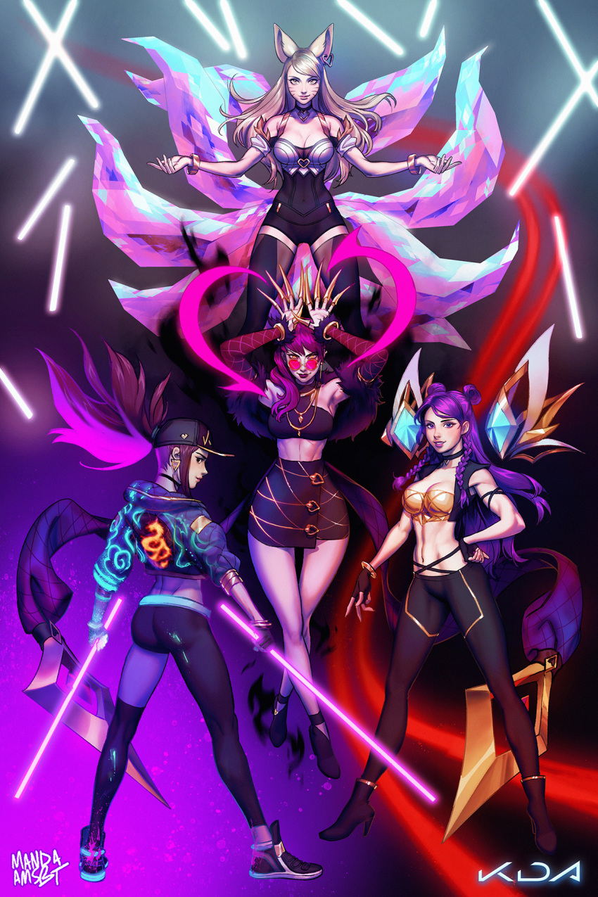 4girls ahri akali animal_ears blonde_hair bracelet braid choker claws closed_mouth collar double_bun dragon earrings evelynn facial_mark fox_ears fox_tail fur_trim glasses glowing hair_bun hat heart highres holding jewelry k/da_(league_of_legends) k/da_akali k/da_evelynn k/da_kai'sa kai'sa league_of_legends lipstick long_hair looking_at_viewer looking_back makeup manda_schank medium_hair multiple_girls necklace pants pink_hair ponytail purple_hair red_lipstick shoes signature skirt smile sneakers sweater tail thighhighs tight tight_pants yellow_eyes