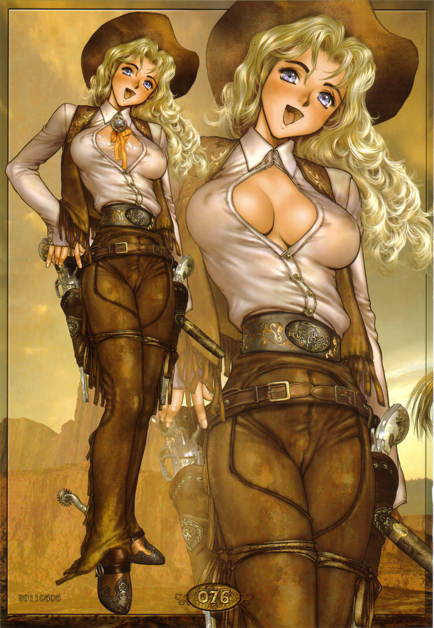 belt blonde_hair blue_eyes boots breasts cowboy_boots cowboy_hat cowboy_shot from_below full_body gun hat highres juliona_trans large_breasts long_hair looking_at_viewer open_clothes open_mouth open_shirt shirou_masamune shirt smile weapon western wild_wet_west