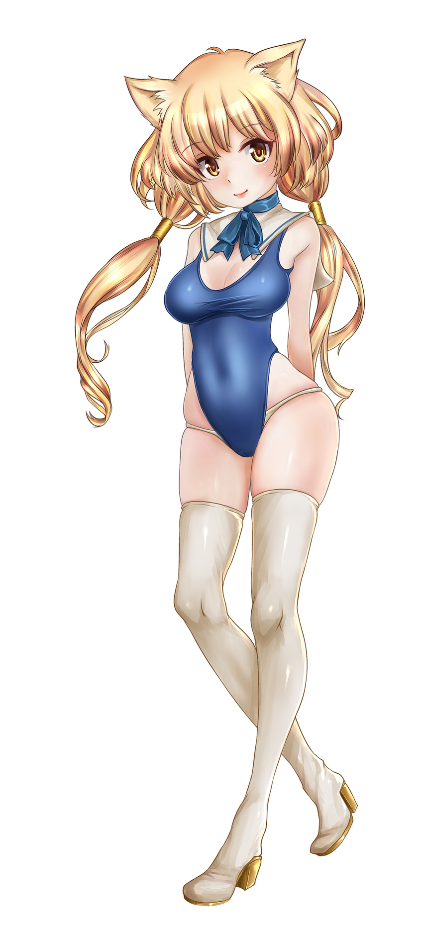 absurdres alternate_color animal_ears blonde_hair boots breasts brown_eyes cameltoe cleavage highres kimino_yume long_hair low_twintails medium_breasts one-piece_swimsuit simple_background solo swimsuit thigh_boots thighhighs twintails